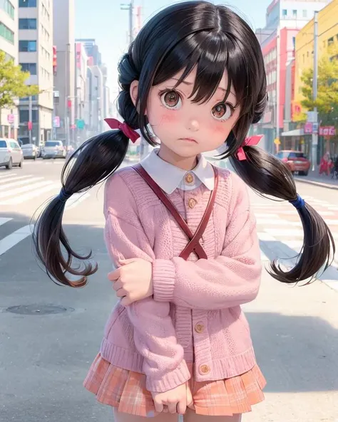 1girl, minamoto_shizuka, bangs, short twintails,,, frown, city <lora:minamoto_shizuka:0.6>
