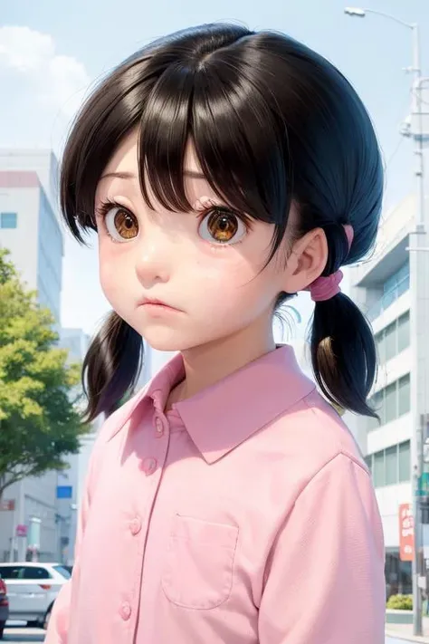1girl, minamoto_shizuka, bangs, short twintails,pink shirt,, frown <lora:minamoto_shizuka:0.6>
