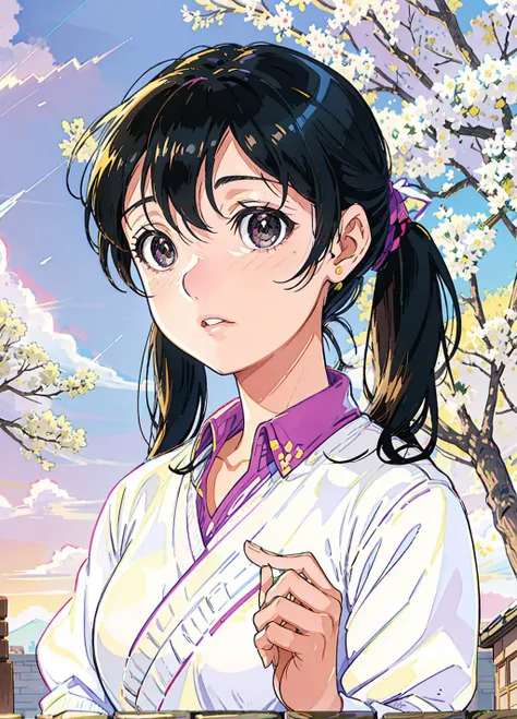best quality, masterpiece, 1girl, solo, detailed eyes, minamoto shizuka, official style, short twintails, <lora:minamoto_shizuka:0.7>