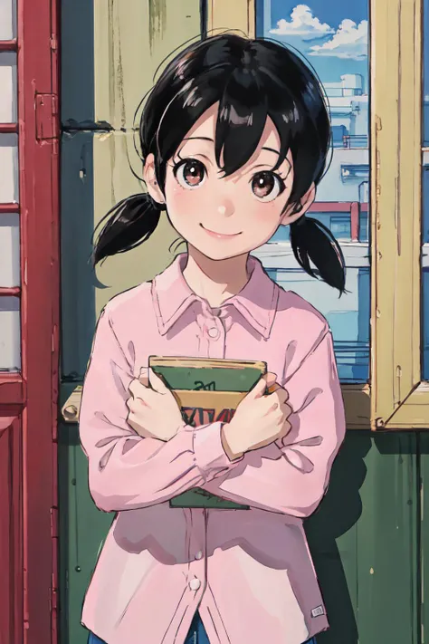 minamoto_shizuka <lyco:minamoto_shizuka:0.8> (best quality, masterpiece, RAW photo,ultra-detailed:1.2), <lyco:GoodHands-beta2:1.0>,1girl,solo,looking at viewer, smile,
black hair, bangs, short twintails,
pink shirt, <lyco:anime_minimalist_v1-000020:0.3>cowboy shot,