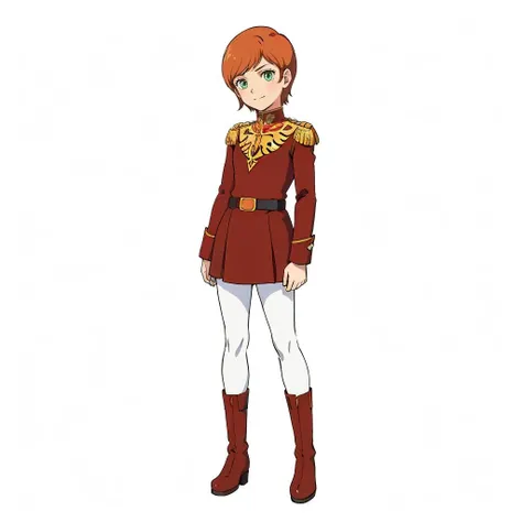 masterpiece,high quality,solo,(white background:1.6),simple background,
<lora:minevalaozabi001:0.5>,light smile,
mineva_lao_zabi,1loli,
short hair,orange hair,green eyes,
epaulettes,red jacket,long sleeves,military uniform,
belt,skirt,white pantyhose,
boots,
standing,full body,