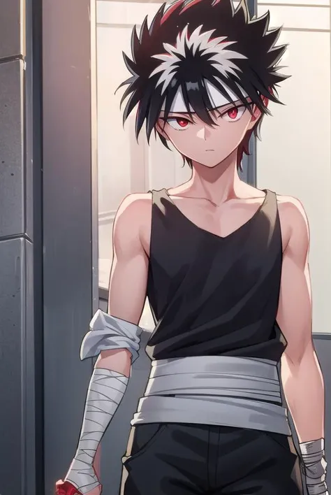 hiei, <lora:hiei-lora-nochekaiser:1>,
hiei, black hair, spiked hair, (red eyes:1.5), headband,
BREAK belt, pants, black pants, (bandaged arm:1.5), topless,
BREAK outdoors,
BREAK looking at viewer, (cowboy shot:1.5),
BREAK <lyco:GoodHands-beta2:1>, (masterpiece:1.2), best quality, high resolution, unity 8k wallpaper, (illustration:0.8), (beautiful detailed eyes:1.6), extremely detailed face, perfect lighting, extremely detailed CG, (perfect hands, perfect anatomy),