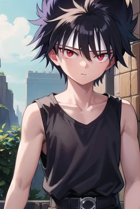 hiei, <lora:hiei-lora-nochekaiser:1>,
hiei, black hair, spiked hair, (red eyes:1.5), third eye,
BREAK belt, tank top, pants, black pants, black top,
BREAK outdoors,
BREAK looking at viewer, (cowboy shot:1.5),
BREAK <lyco:GoodHands-beta2:1>, (masterpiece:1.2), best quality, high resolution, unity 8k wallpaper, (illustration:0.8), (beautiful detailed eyes:1.6), extremely detailed face, perfect lighting, extremely detailed CG, (perfect hands, perfect anatomy),