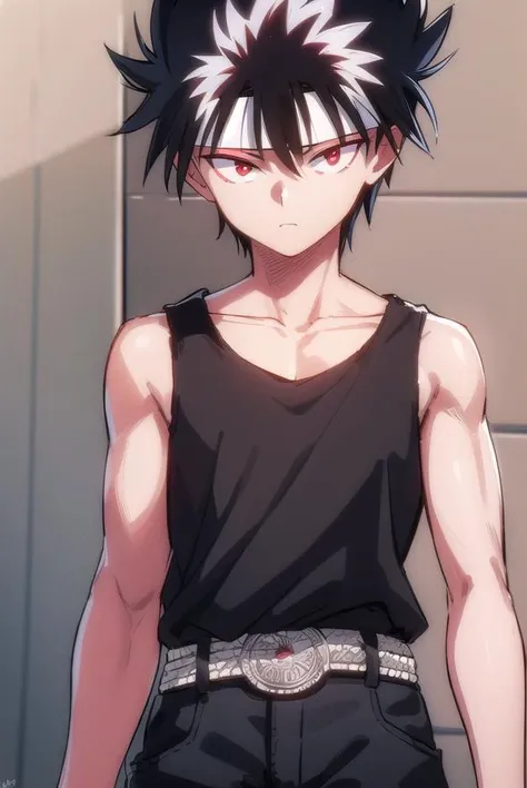 hiei, <lora:hiei-lora-nochekaiser:1>,
hiei, black hair, spiked hair, (red eyes:1.5), headband, retro artstyle, 1990s \(style\),
BREAK belt, tank top, pants, black pants, black top,
BREAK outdoors,
BREAK looking at viewer, (cowboy shot:1.5),
BREAK <lyco:GoodHands-beta2:1>, (masterpiece:1.2), best quality, high resolution, unity 8k wallpaper, (illustration:0.8), (beautiful detailed eyes:1.6), extremely detailed face, perfect lighting, extremely detailed CG, (perfect hands, perfect anatomy),