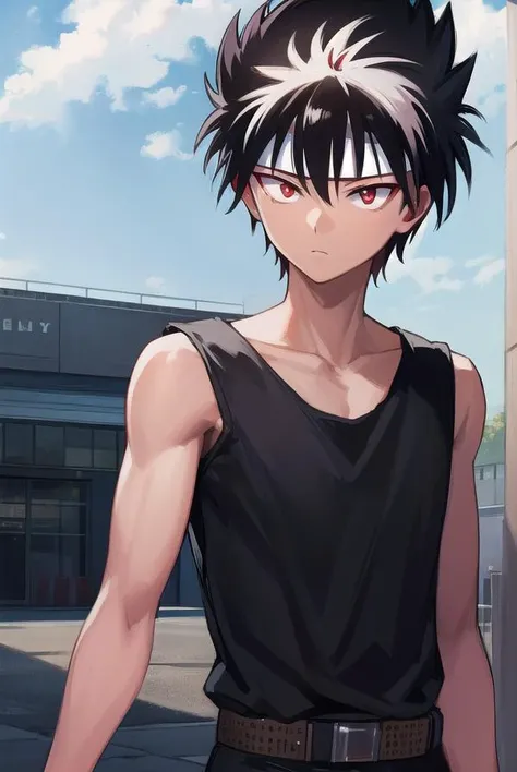 hiei, <lora:hiei-lora-nochekaiser:1>,
hiei, black hair, spiked hair, (red eyes:1.5), headband,
BREAK belt, tank top, pants, black pants, black top,
BREAK outdoors,
BREAK looking at viewer, (cowboy shot:1.5),
BREAK <lyco:GoodHands-beta2:1>, (masterpiece:1.2), best quality, high resolution, unity 8k wallpaper, (illustration:0.8), (beautiful detailed eyes:1.6), extremely detailed face, perfect lighting, extremely detailed CG, (perfect hands, perfect anatomy),