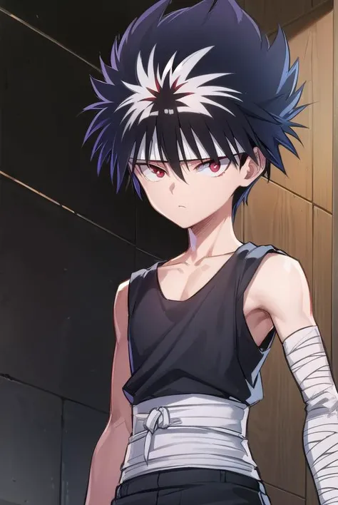 hiei, <lora:hiei-lora-nochekaiser:1>,
hiei, black hair, spiked hair, (red eyes:1.5), headband,
BREAK belt, pants, black pants, (bandaged arm:1.5), topless,
BREAK outdoors,
BREAK looking at viewer, (cowboy shot:1.5),
BREAK <lyco:GoodHands-beta2:1>, (masterpiece:1.2), best quality, high resolution, unity 8k wallpaper, (illustration:0.8), (beautiful detailed eyes:1.6), extremely detailed face, perfect lighting, extremely detailed CG, (perfect hands, perfect anatomy),