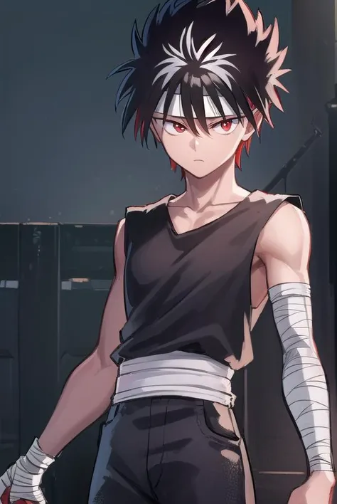 hiei, <lora:hiei-lora-nochekaiser:1>,
hiei, black hair, spiked hair, (red eyes:1.5), headband, 
BREAK belt, pants, black pants, topless, tattoo, dragon tattoo, arm tattoo, black tattoo,
BREAK outdoors,
BREAK looking at viewer, (cowboy shot:1.5),
BREAK <lyco:GoodHands-beta2:1>, (masterpiece:1.2), best quality, high resolution, unity 8k wallpaper, (illustration:0.8), (beautiful detailed eyes:1.6), extremely detailed face, perfect lighting, extremely detailed CG, (perfect hands, perfect anatomy),