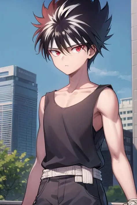 hiei, <lora:hiei-lora-nochekaiser:1>,
hiei, black hair, spiked hair, (red eyes:1.5), headband,
BREAK belt, tank top, pants, black pants, black top, (bandaged arm:1.2),
BREAK outdoors,
BREAK looking at viewer, (cowboy shot:1.5),
BREAK <lyco:GoodHands-beta2:1>, (masterpiece:1.2), best quality, high resolution, unity 8k wallpaper, (illustration:0.8), (beautiful detailed eyes:1.6), extremely detailed face, perfect lighting, extremely detailed CG, (perfect hands, perfect anatomy),