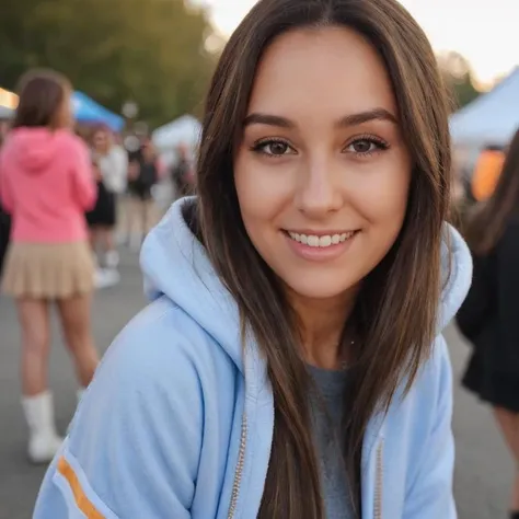 one girl with light brown hair, brown eyes, wearing colored hoody, skirt, boots, at music festival, teasing, posing,cute ass sexy, sexy face , perfect face, perfect body, , ultra-detailed face, ultra-detailed eyes, looking at viewver <lora:edgRaveGirls:0.2> edgRavegirl, <lora:Nicky Gile:0.6>, smile upper body