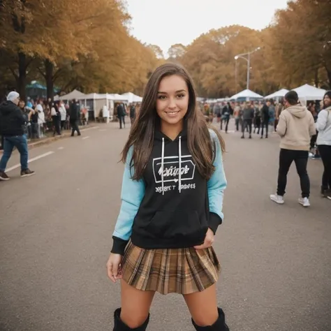 one girl with light brown hair, brown eyes, wearing colored hoody, skirt, boots, at music festival, teasing, posing,cute ass sexy, sexy face , perfect face, perfect body, , ultra-detailed face, ultra-detailed eyes, looking at viewver <lora:edgRaveGirls:0.2> edgRavegirl, <lora:Nicky Gile:0.6>, smile upper body