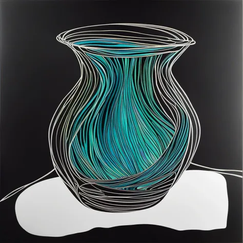 teal glass-blown vase with intricate flecks of iridescent colors, dark charcoal background, centered in frame, facing camera, continuous line drawing, line art black white, continuous line drawing