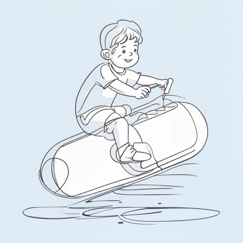 cartoon happy kid riding huge pill, volumetric 3D smooth low poly blender render, pastel blue and white colors, continuous line drawing, line art black white, continuous line drawing