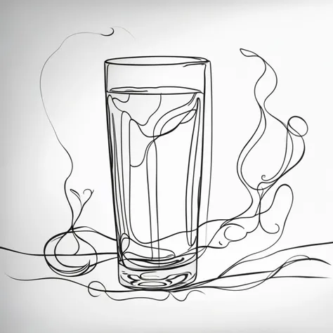 un chat qui boit dans un verre d'eau sur la table du salon , qui est éclairé par la lumière du soleil, il a de longue moustache et un pelage long, continuous line drawing, line art black white, continuous line drawing