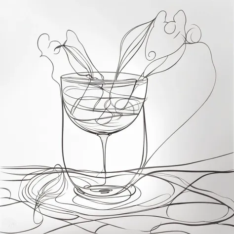 un chat qui boit dans un verre d'eau sur la table du salon , qui est éclairé par la lumière du soleil, il a de longue moustache et un pelage long, continuous line drawing, line art black white, continuous line drawing
