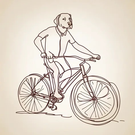 A chocolate labrador riding a bike, continuous line drawing, line art black white, continuous line drawing