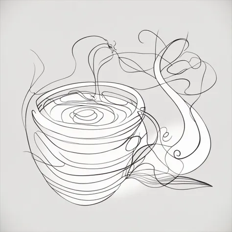 un chat qui boit dans un verre d'eau sur la table du salon , qui est éclairé par la lumière du soleil, il a de longue moustache et un pelage long, continuous line drawing, line art black white, continuous line drawing