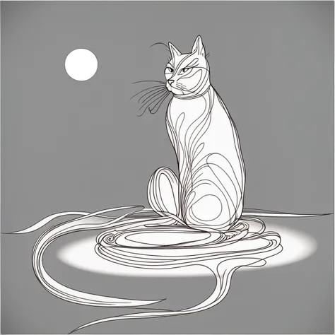 un chat qui boit dans un verre d'eau sur la table du salon , qui est éclairé par la lumière du soleil, il a de longue moustache et un pelage long, continuous line drawing, line art black white, continuous line drawing