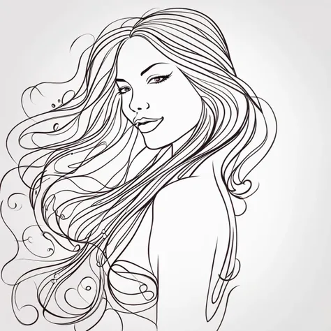 girl woman wearing red skirt,smiling, red loose wavy hair, amazing body, Style-Empire, corset, continuous line drawing, line art black white, continuous line drawing