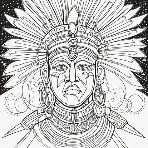 Aztec priest with eyes wide open, facing forward. Stars reflect in his intense gaze, emphasizing his connection to the cosmos, continuous line drawing, line art black white, continuous line drawing