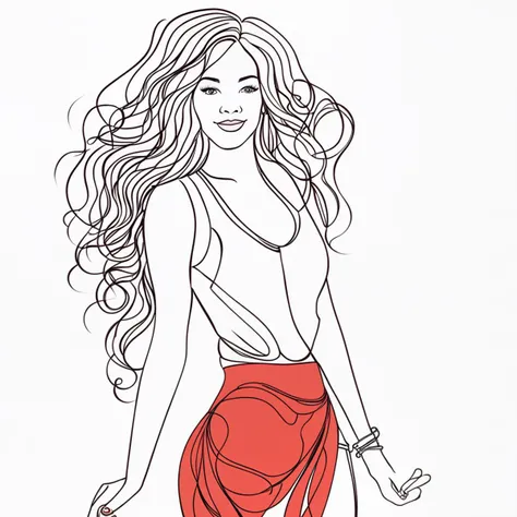 girl woman wearing red skirt,smiling, red loose wavy hair, amazing body, Style-Empire, corset, continuous line drawing, line art black white, continuous line drawing