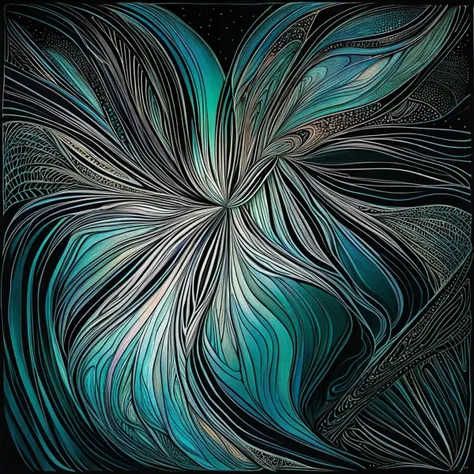 teal glass-blown vase with intricate flecks of iridescent colors, dark charcoal background, centered in frame, facing camera, continuous line drawing, line art black white, continuous line drawing