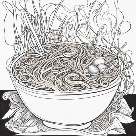 disgusting ramen, topped with murky broth and slimy noodles, garnished with eyeballs, beetle wings, and wilted herbs, served on a countertop by a Japanese witch cloaked in darkness in a dimly lit, continuous line drawing, line art black white, continuous line drawing