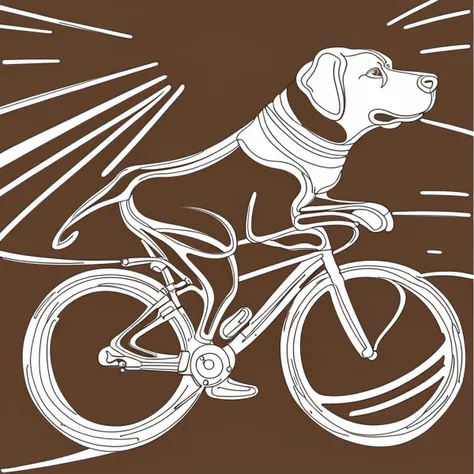 A chocolate labrador riding a bike, continuous line drawing, line art black white, continuous line drawing