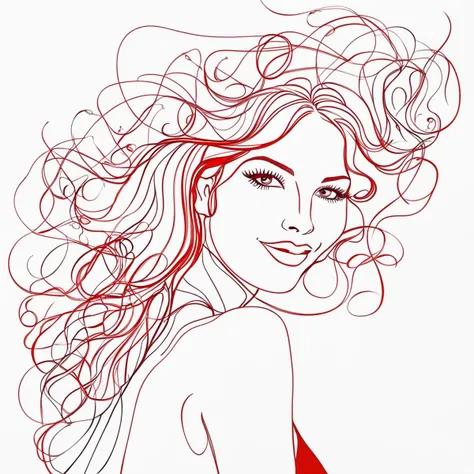 girl woman wearing red skirt,smiling, red loose wavy hair, amazing body, Style-Empire, corset, continuous line drawing, line art black white, continuous line drawing
