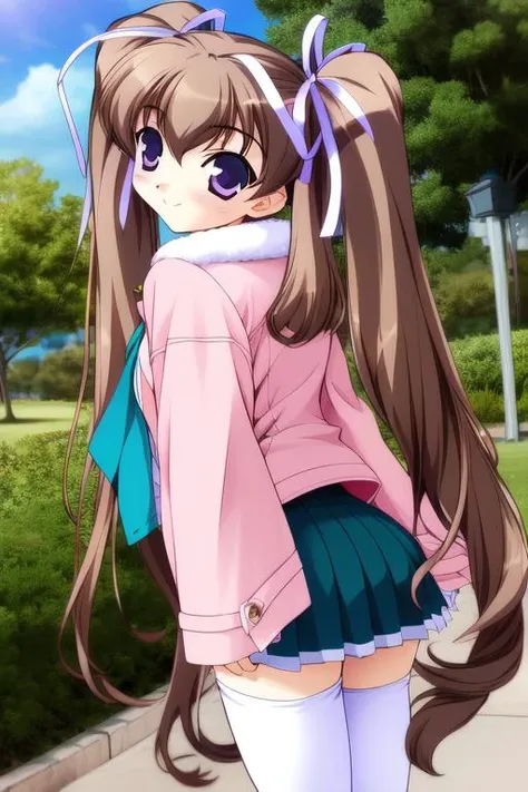 <lora:aizawa_tomomi:1>, aizawatomomi, 1girl, solo, thighhighs, skirt, long hair, zettai ryouiki, twintails, white thighhighs, ribbon, smile, hair ribbon, very long hair, long sleeves, brown hair, looking at viewer, pleated skirt, jacket, green skirt, looking back, bangs, cowboy shot, miniskirt, white ribbon, blue eyes, shirt, fur trim, standing, open clothes, sleeves past wrists, open jacket, from behind, purple eyes, blush,
masterpiece, high quality, very_high_resolution, large_filesize, full color,