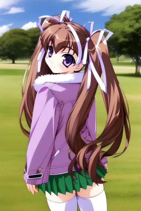 <lora:aizawa_tomomi:1>, aizawatomomi, 1girl, solo, thighhighs, skirt, long hair, zettai ryouiki, twintails, white thighhighs, ribbon,  smile, hair ribbon, very long hair, long sleeves, brown hair,  looking at viewer, pleated skirt, jacket, green skirt, looking back, bangs, cowboy shot, miniskirt, white ribbon, blue eyes, shirt, fur trim, standing, open clothes, sleeves past wrists, open jacket, from behind, purple eyes, blush,
masterpiece, high quality, very_high_resolution, large_filesize, full color,