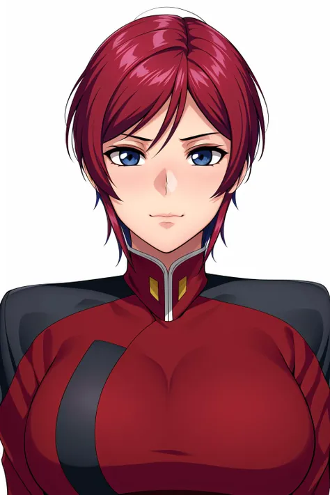 Simple White Background,
dynamic pose,standing at attention,
Red military, military uniform, long sleeves, 
<lora:Lunamaria_Hawke_SeedD-KK77-V1:0.7>,lunamaria hawke,
blue eyes, Red hair,bangs,Short hair,
<lora:Oda_Non_Style-KK77-V2:0.3>,<lora:more_details:0.1>,<lora:SaiminSeishidou_Lesson_Style-KK77-V1:0.3>,
1 girl, 20yo,Young female,Beautiful long legs,Beautiful body,
Beautiful Nose,Beautiful character design, perfect eyes, perfect face,expressive eyes,perfect balance,
looking at viewer,(Focus on her face),closed mouth, (innocent_big_eyes:1.0),(Light_Smile:0.3),
official art,extremely detailed CG unity 8k wallpaper, perfect lighting,Colorful, Bright_Front_face_Lighting,White skin,
(masterpiece:1.0),(best_quality:1.0), ultra high res,4K,ultra-detailed,
photography, 8K, HDR, highres, absurdres:1.2, Kodak portra 400, film grain, blurry background, bokeh:1.2, lens flare, (vibrant_color:1.2),professional photograph,
(Beautiful,large_Breasts:1.4), (beautiful_face:1.5),(narrow_waist),