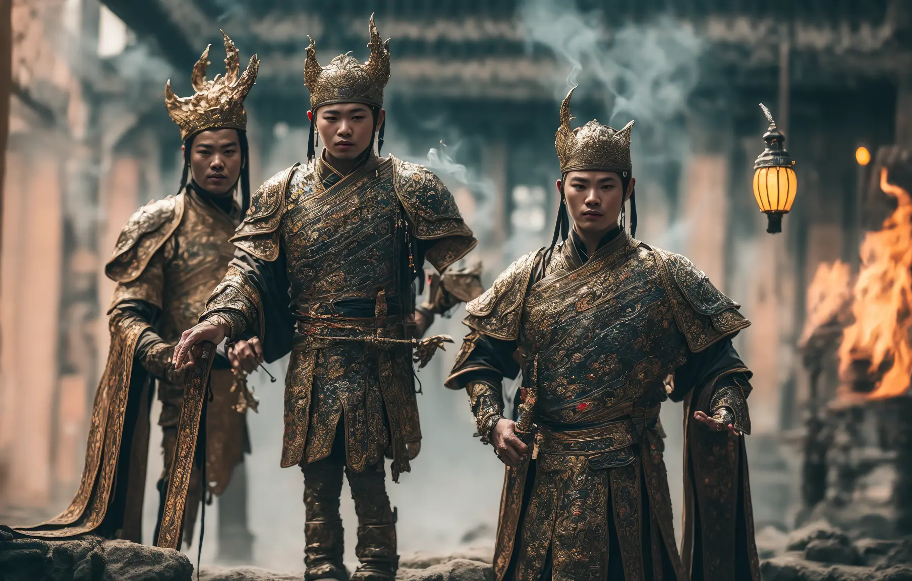 1boy Wear armor,(outside:2),solo,weirdness chinese,flame,soft light,(Full-body photo),lantern,(smoke),(Chinese architecture),sword,wallpaper, beautiful studio soft light, rim light,
Ultra-high quality, (Masterpiece, best quality, complex details: 1.2),Weird atmosphere,