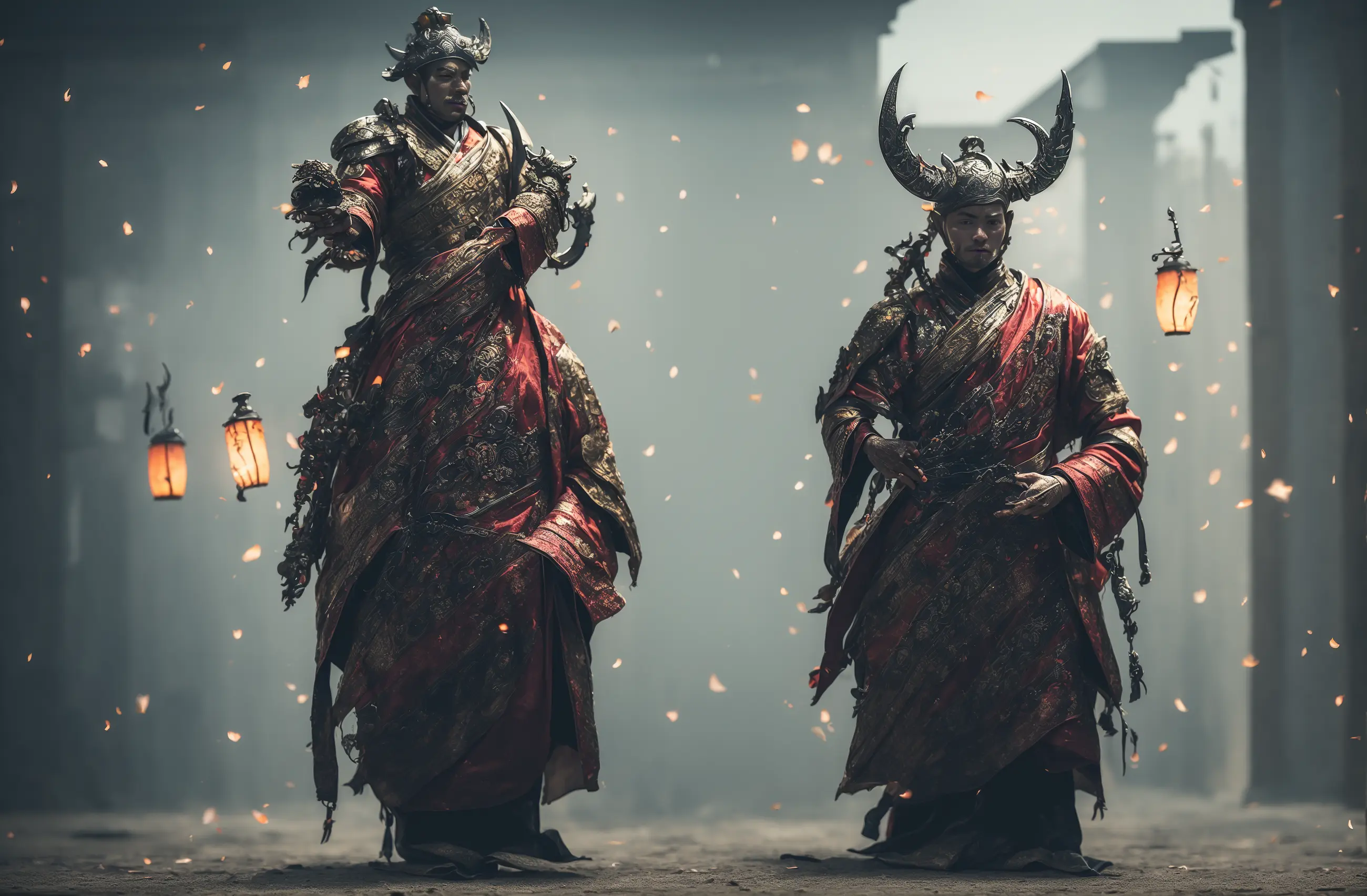 1boy Wear armor,(outside:2),solo,weirdness chinese,flame,soft light,(Full-body photo),lantern,(smoke),(Chinese architecture),sword,wallpaper, beautiful studio soft light, rim light,
Ultra-high quality, (Masterpiece, best quality, complex details: 1.2),Weird atmosphere,Delicate face