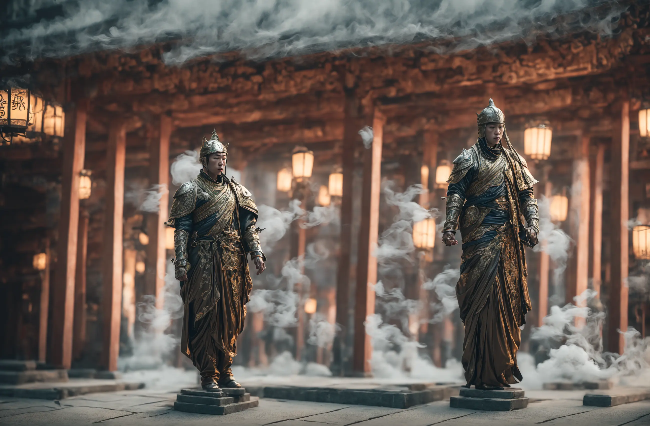 1boy Wear armor,(outside:2),solo,weirdness chinese,flame,soft light,(Full-body photo),lantern,(smoke),(Chinese architecture),sword,wallpaper, beautiful studio soft light, rim light,
Ultra-high quality, (Masterpiece, best quality, complex details: 1.2),Weird atmosphere,Delicate face