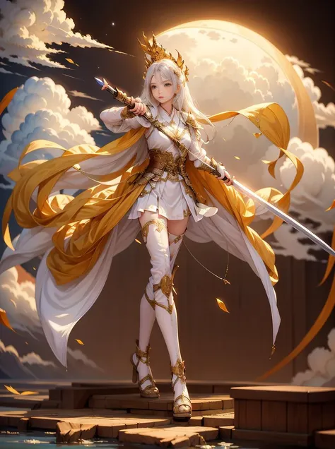 ((masterpiece, best quality)),a girl holding sword, floating hair, white hair, night, moon, cloud, yellow clothes, Chinese general
<lora:Chinese_general:0.6>