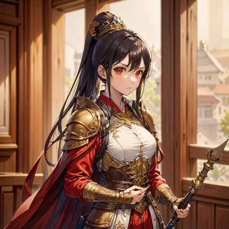 masterpiece, best quality,Chinese style, (chinese general), ancient background, 1girl, red, black hair,(1girl in red_and_golden_armor),  (holding a long spear in right hand), warrior, ponytail, expressionless, red eyes, facing viewer, looking at viewer, <lora:Chinese_general:0.7>