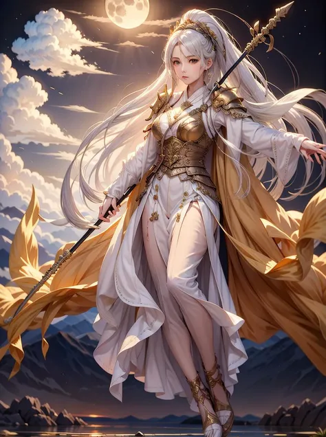 ((masterpiece, best quality)),a girl holding spear, floating hair, white hair, night, moon, cloud, yellow clothes, Chinese general
<lora:Chinese_general:0.6>