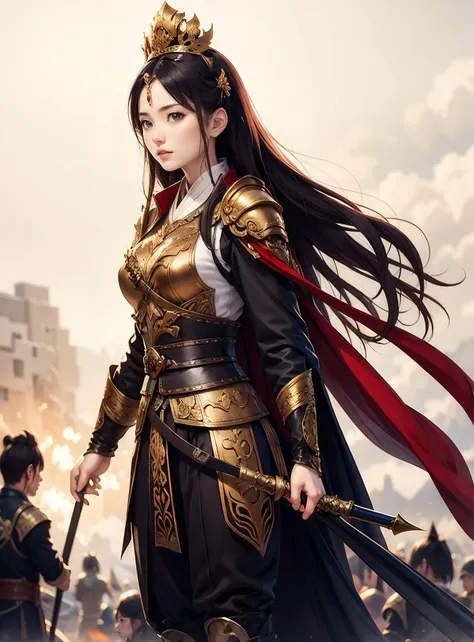 1 girl, chinese general, ancient background, on the battle field, long hair, straight hair, black  clothes
 <lora:Chinese_general:0.6>