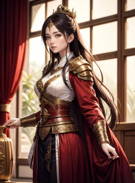 1 girl, chinese general, ancient background, on the battle field, long hair, straight hair, red  clothes
 <lora:Chinese_general:0.6>