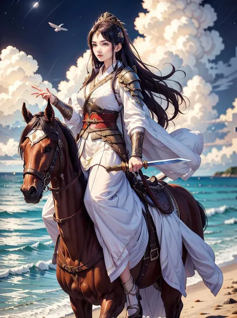 1 girl, chinese general, ancient background, holding sword, riding a horse, long hair, straight hair, (beach, ocean, cloud, night, sky)
<lora:Chinese_general:0.6>
