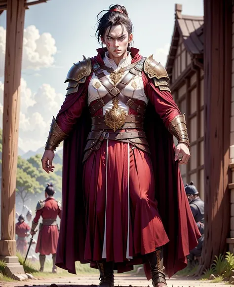 1boy, (solo), masculine, muscular, chinese general, cloak, blood on face, angry, fighting action, battlefield
<lora:Chinese_general:0.65>