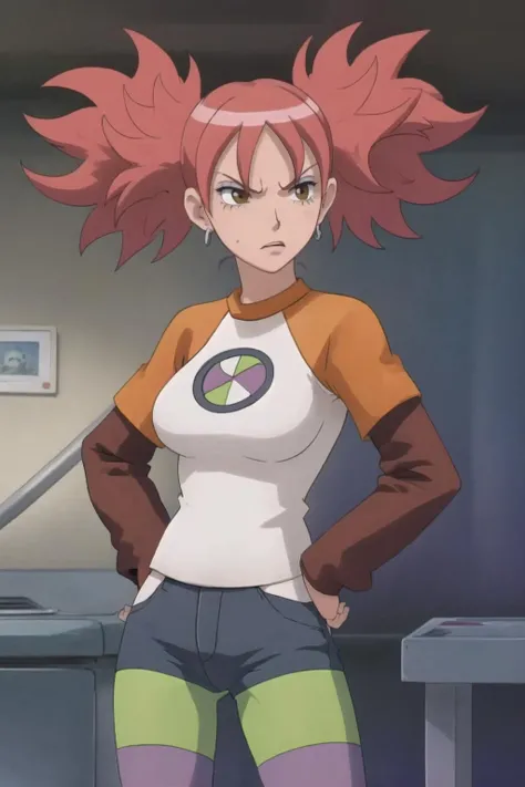 Masterpiece, best quality, intricate details, ultra detailed, 1girl, solo, <lora:MaddyMM:0.8>, MaddyMM, red hair, twintails, eyeshadow, raglan sleeves, long sleeves, striped pantyhose, hands on hips, angry,