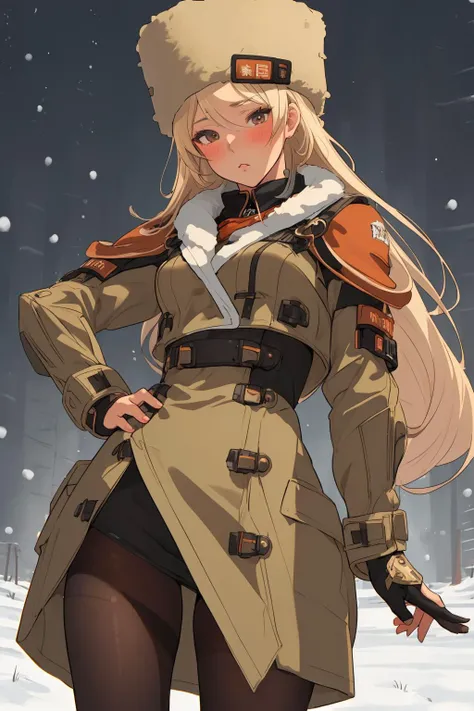 <lora:Millia:0.8> milliams, 1girl, siberia, snow, black pantyhose, of small stature, young,frown, blush, (masterpiece, best quality,highres, perfect hands), masterpiece,best quality,ultra-detailed,very detailed illustrations,extremely detailed,intricate details,highres,super complex details,extremely detailed 8k cg wallpaper