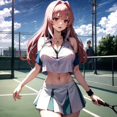 <lora:koumi_haruka_v1:0.7> pink hair, red eyes, long hair, large breasts, <lora:outfit-bremerton-pynoise:0.95> Outfit-bremerton, bare shoulders, midriff, outdoors, sweat, tennis, masterpiece, best quality, highres, <lora:GoodHands-vanilla:1> nice hands, perfect hands