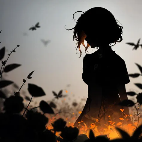 1girl, (silhouette:1.3), blackwork, morbid, macabre, leaf, roses, skulls, abstract, ambient lighting, (blurry background, blurry foreground, depth of field:1.3), swirling mist, rainbow mist, traditional texture, dripping