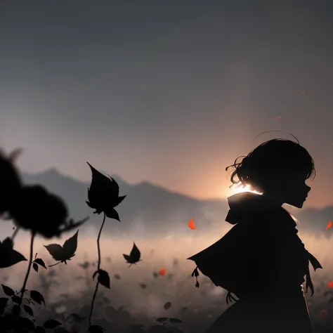 1girl, (silhouette:1.3), blackwork, morbid, macabre, leaf, roses, skulls, abstract, ambient lighting, (blurry background, blurry foreground, depth of field:1.3), swirling mist, rainbow mist, traditional texture, dripping