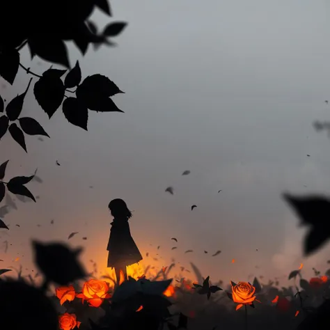 1girl, (silhouette:1.3), blackwork, morbid, macabre, leaf, roses, skulls, abstract, ambient lighting, (blurry background, blurry foreground, depth of field:1.3), swirling mist, rainbow mist, traditional texture, dripping