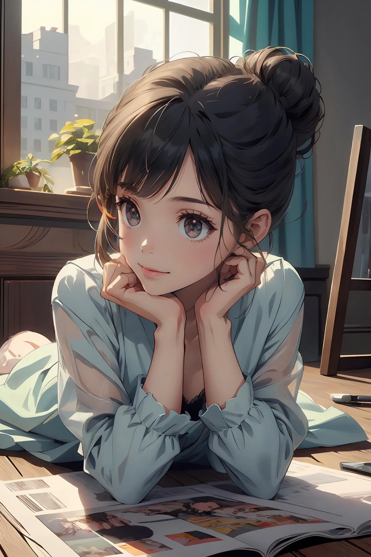 8k high quality detailed,highres,anime,comic,detailed image,
(an illustration of a age girl posing,an illustration of girl,teengirl,magazine_sheet),(magazine_illustration),
((<lora:HinoAkira:0.6>, HinoAkira,1girl,low twintails,hair bun,flat chest):0.9),Warm Smile,detailed_face,
(, lying,on stomach,the pose),
((<lora:edgThunderCloud:0.9>, edgTCloud,a woman wearing a dress made of thunder clouds,wearing edgTCloud):0.85),(,realistic clothing texture,realistic_skin_texture),<lora:the_pose_v0.1:0.6>,<lora:more_details:0.2>