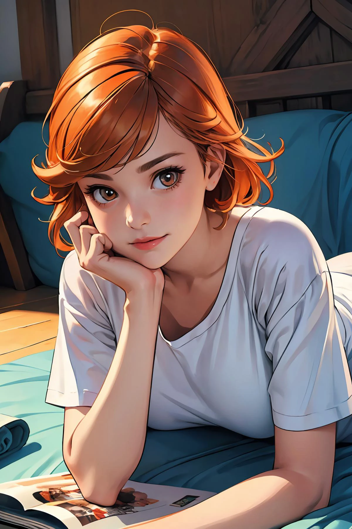 8k high quality detailed,highres,anime,comic,detailed image,
(an illustration of a age girl posing,an illustration of girl,teengirl,magazine_sheet),(magazine_illustration),
((<lora:JaneCourt_v1:0.65>, janecourt,1girl,orange hair, blonde hair, brown eyes,round_face,medium breasts):0.9),Seductive Smile,detailed_face,
(, lying,on stomach,the pose),
((<lora:PajamasChallenge:0.6>, IncrsPajChal,shirt,white shirt):0.85),(,realistic clothing texture,realistic_skin_texture),<lora:the_pose_v0.1:0.6>,<lora:more_details:0.2>