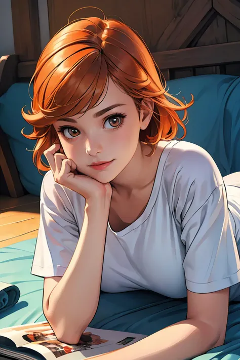 8k high quality detailed,highres,anime,comic,detailed image,
(an illustration of a teenage girl posing,an illustration of girl,teenage girl,magazine_sheet),(magazine_illustration),
((<lora:JaneCourt_v1:0.65>, janecourt,1girl,orange hair, blonde hair, brown eyes,round_face,medium breasts):0.9),Seductive Smile,detailed_face,
(, lying,on stomach,the pose),
((<lora:PajamasChallenge:0.6>, IncrsPajChal,shirt,white shirt):0.85),(,realistic clothing texture,realistic_skin_texture),<lora:the_pose_v0.1:0.6>,<lora:more_details:0.2>